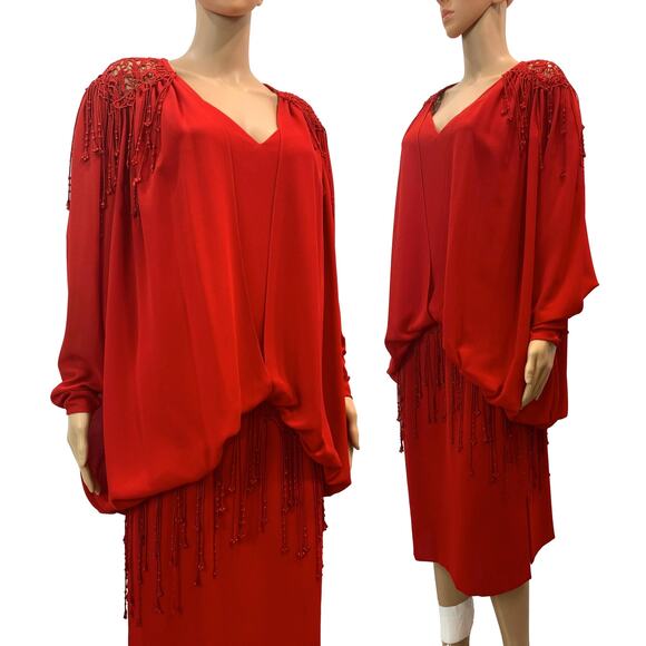 Vintage 80s Eletra Casadei Red Draped Dress Crochet Shoulders | M - Picture 1 of 10